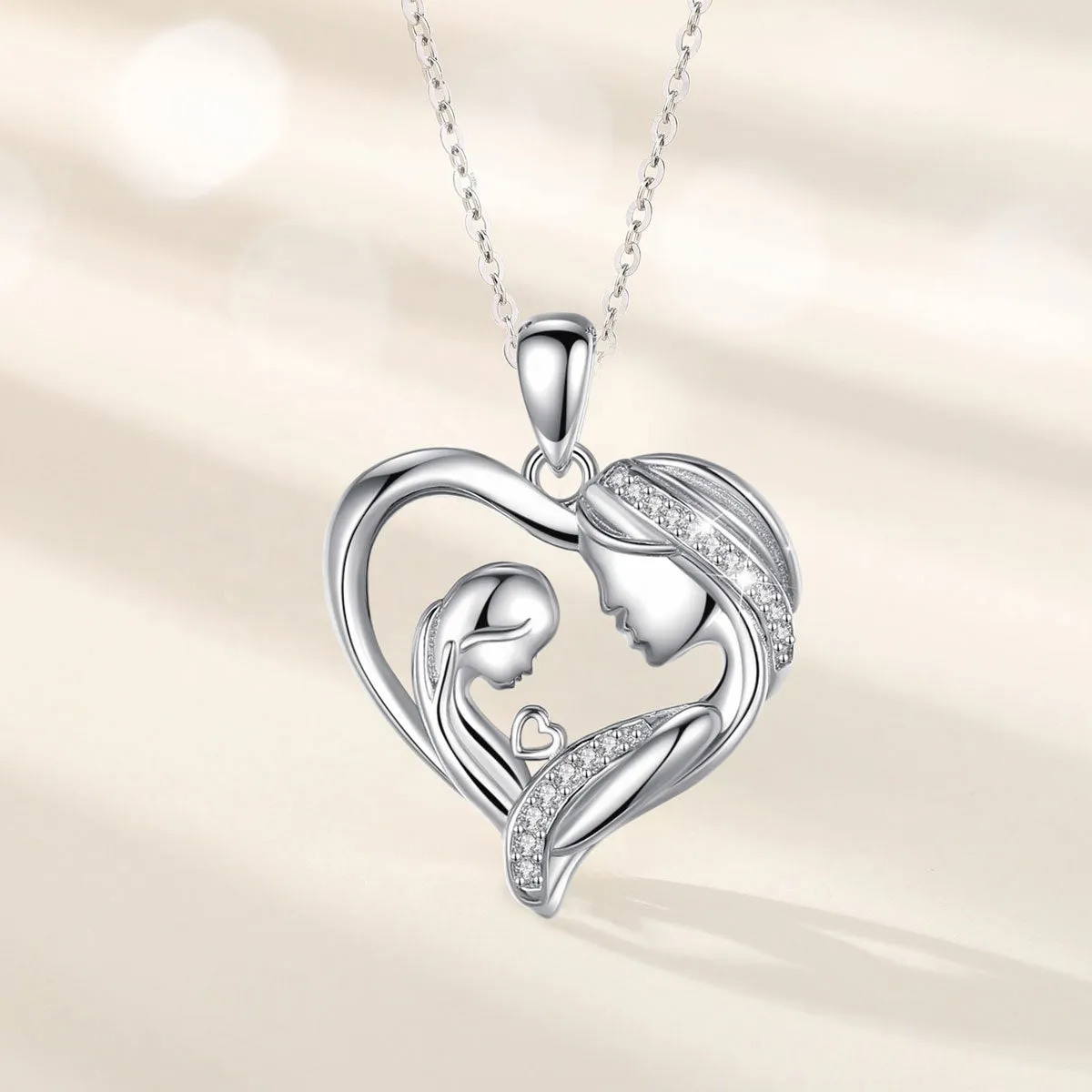 Double Halo Heart Mother & Daughter Crystal Necklace Sterling Silver