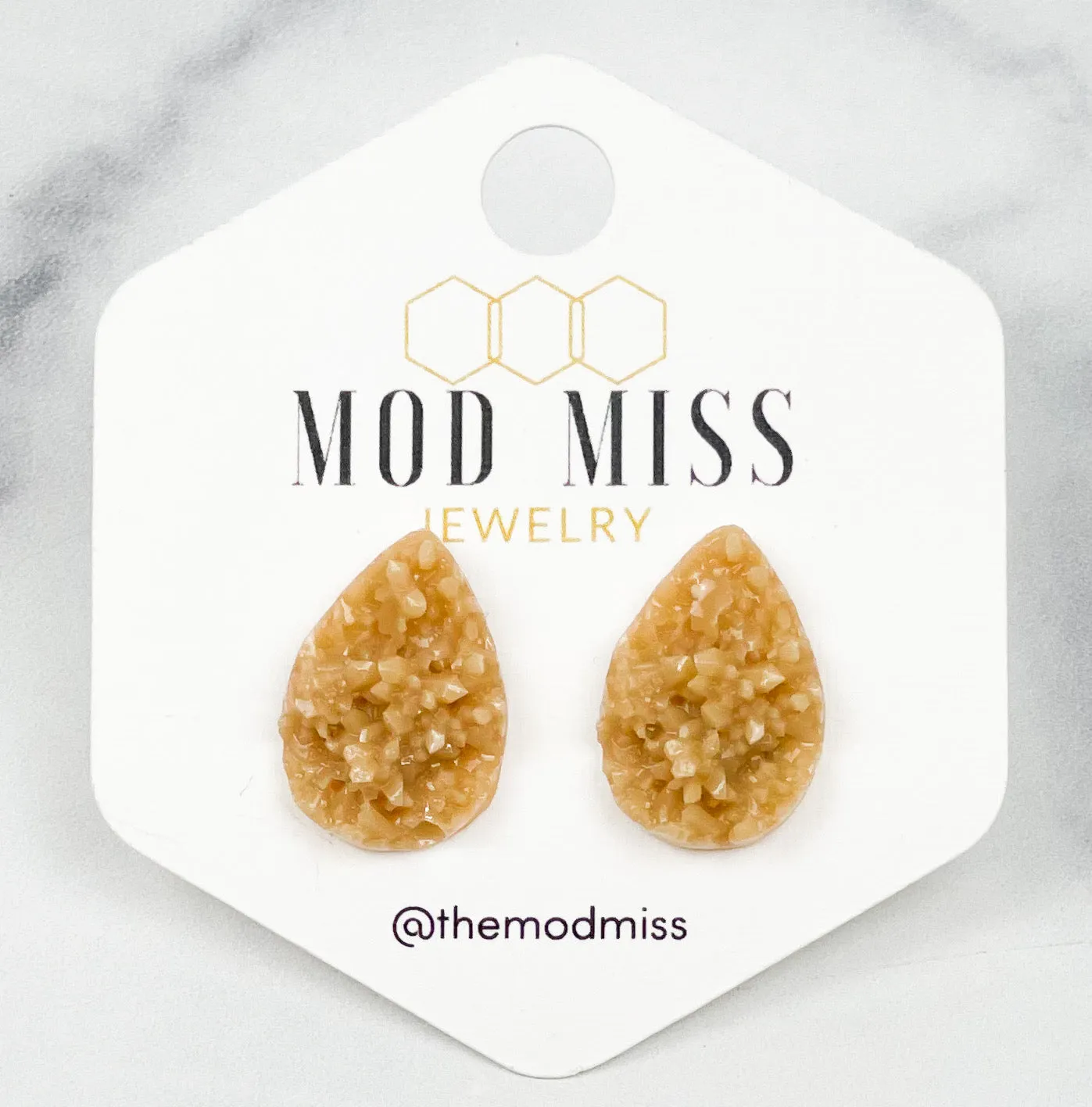 Druzy Stud Teardrop Tan