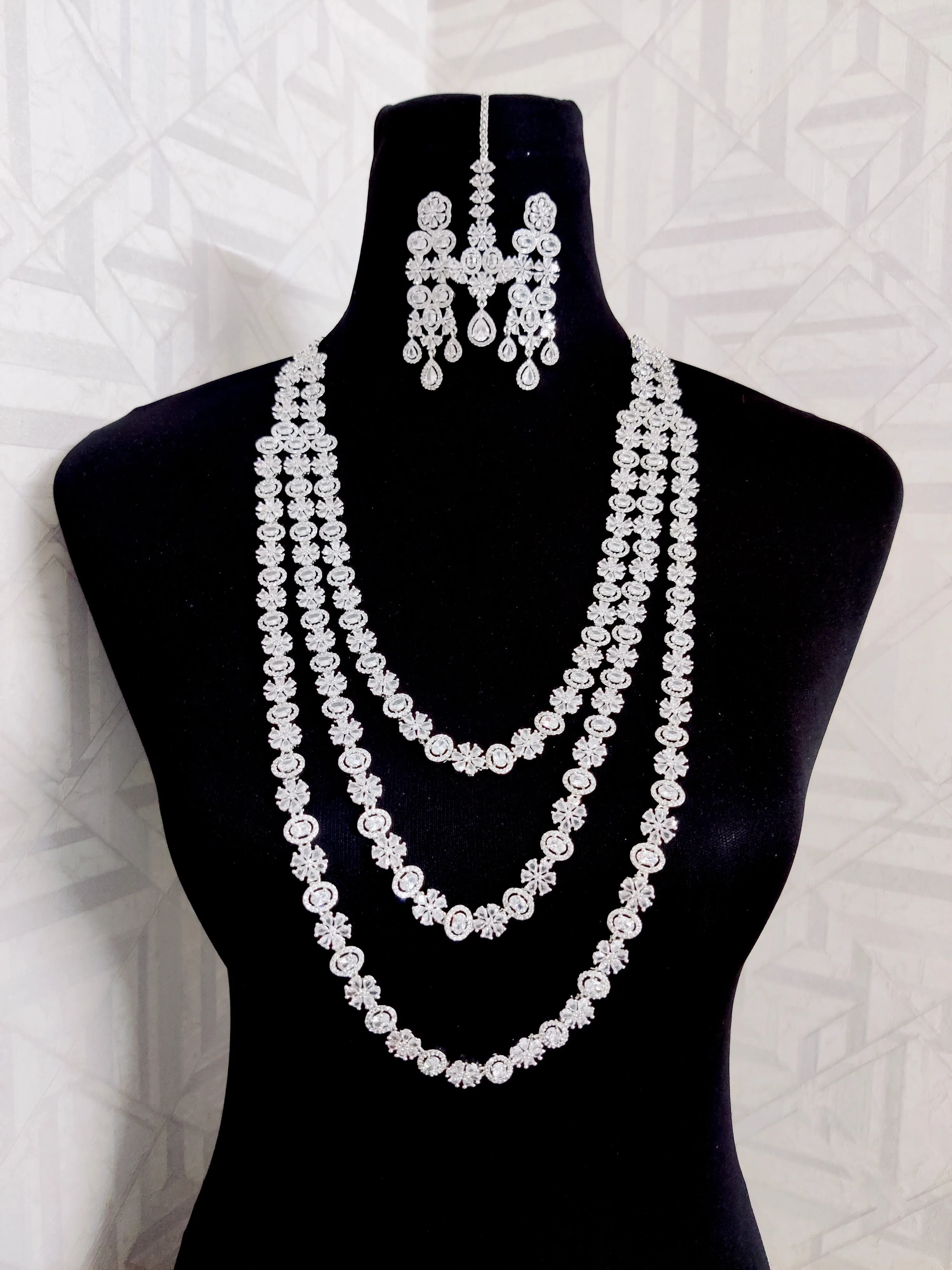 Exclusive Silver Cz Long Necklace with Earrings and Tika