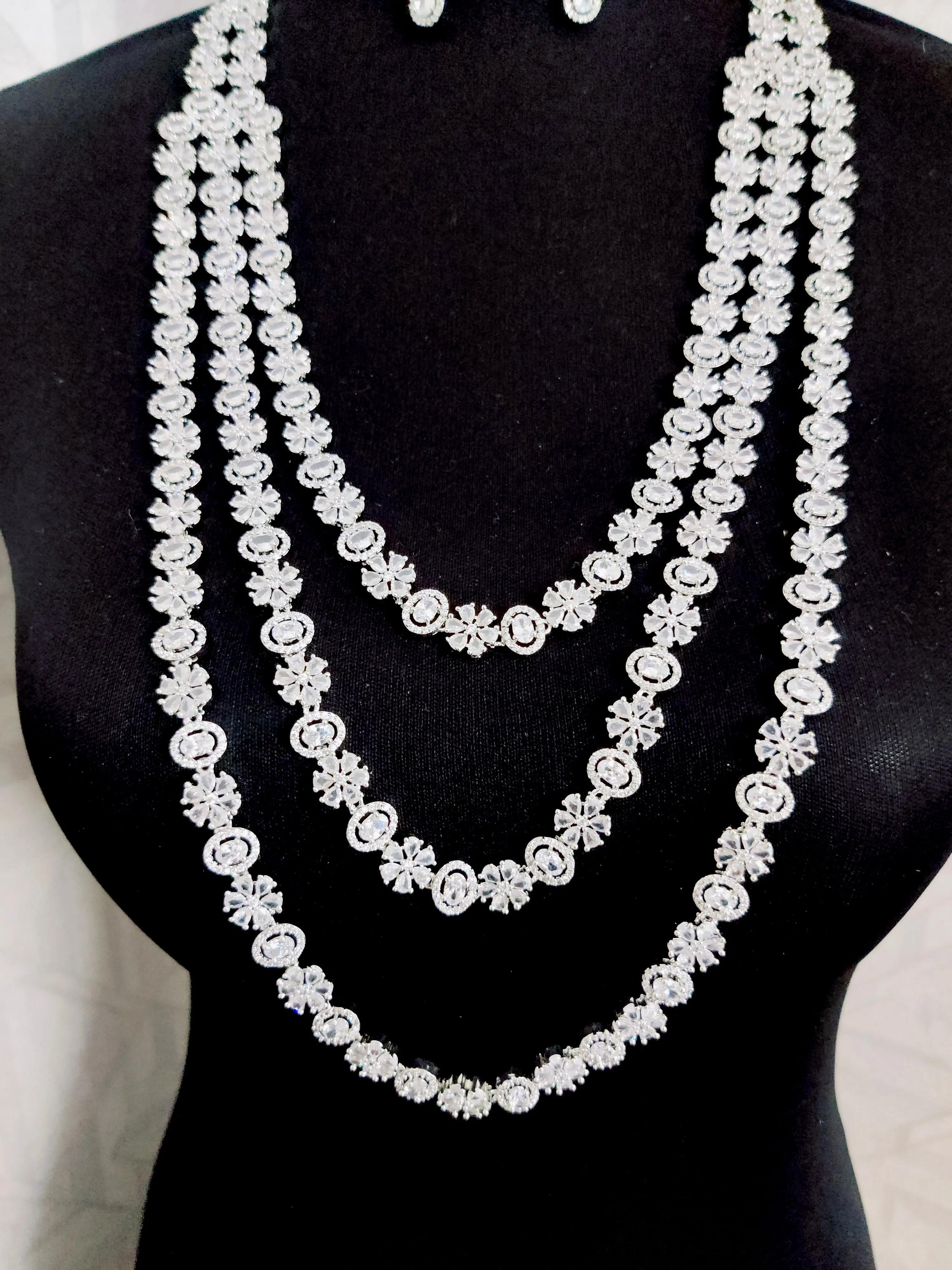 Exclusive Silver Cz Long Necklace with Earrings and Tika