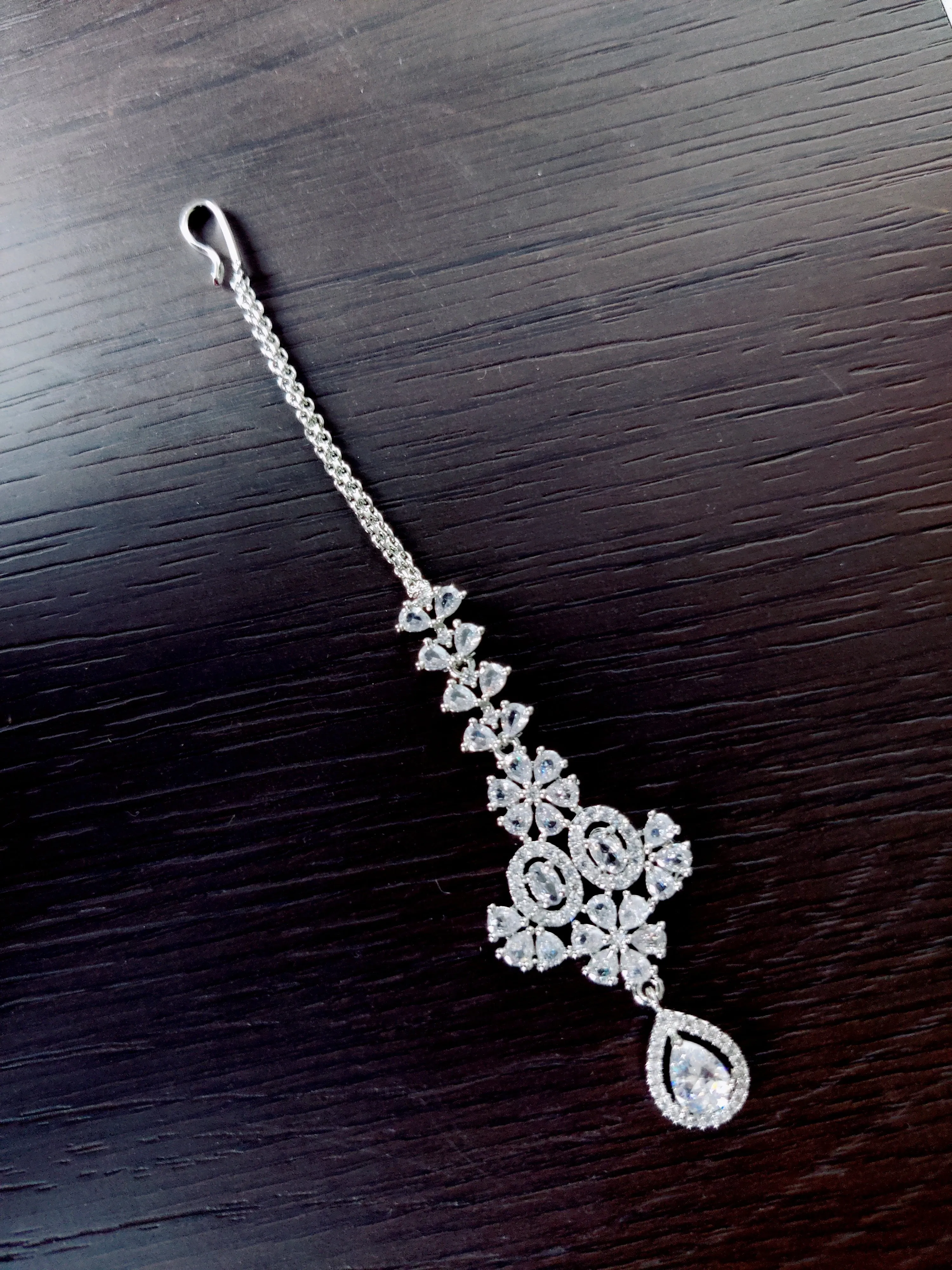 Exclusive Silver Cz Long Necklace with Earrings and Tika