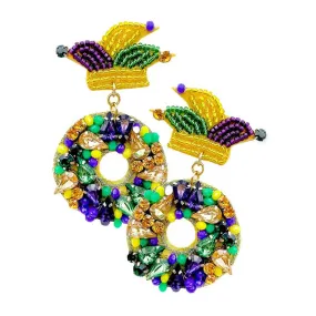 Felt Back Mardi Gras Multi Stone Beaded Dangle Earrings