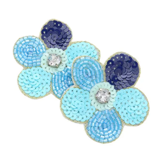 Felt Back Stone Embellished Seed Beaded Flower Earrings