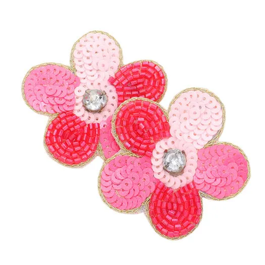 Felt Back Stone Embellished Seed Beaded Flower Earrings