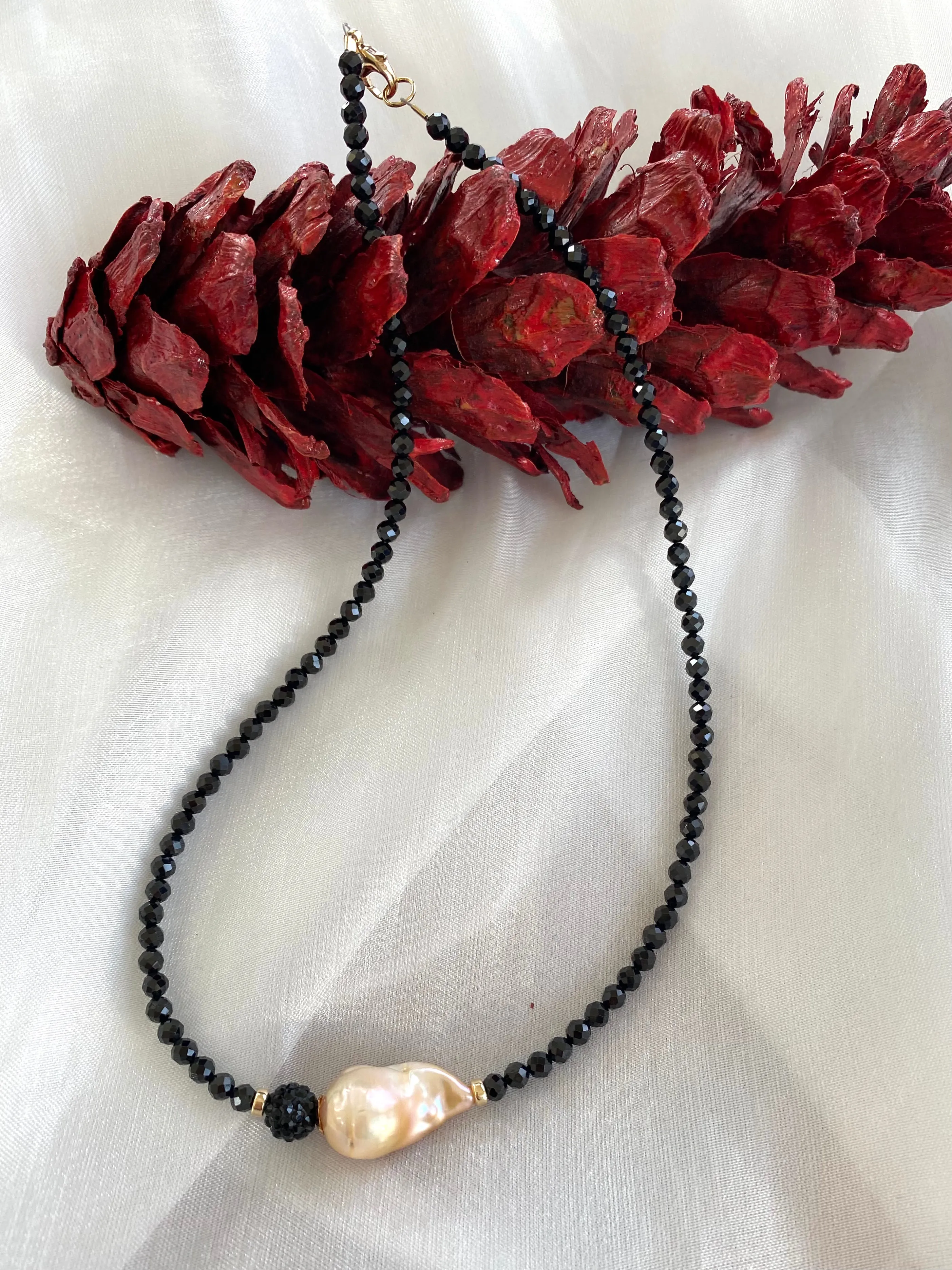 Festive Black Spinel and Golden Pink Baroque Pearl Beaded Necklace with Gold Filled Details, 17.5in