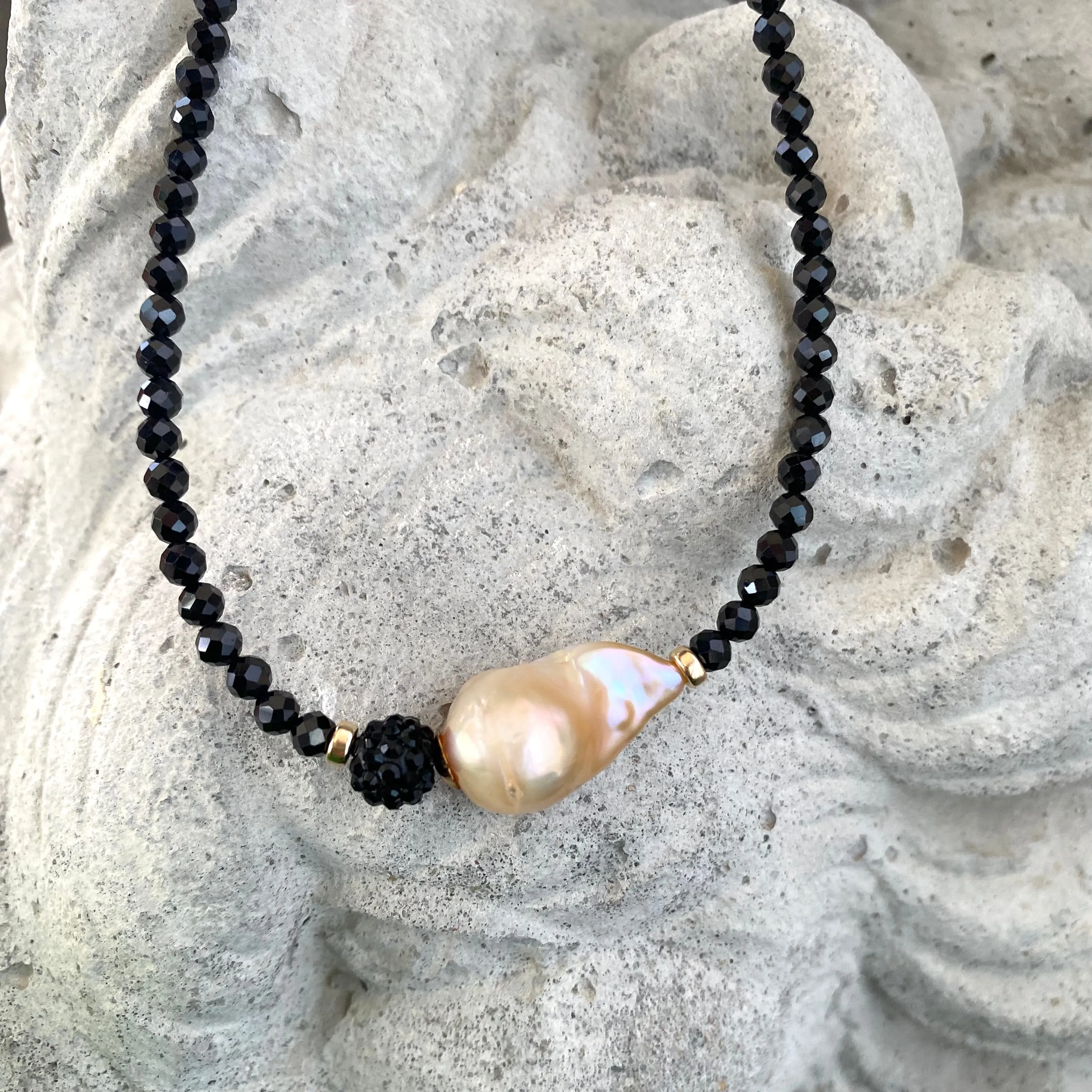 Festive Black Spinel and Golden Pink Baroque Pearl Beaded Necklace with Gold Filled Details, 17.5in