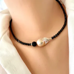 Festive Black Spinel and Golden Pink Baroque Pearl Beaded Necklace with Gold Filled Details, 17.5in