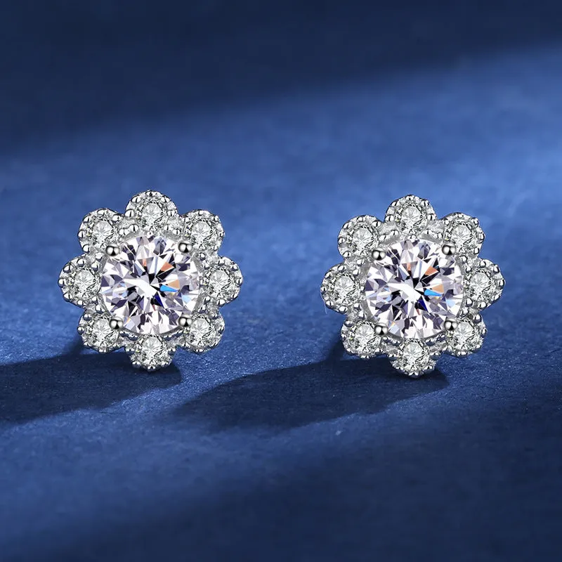 Floral Round Moissanite Stud Earrings for Women