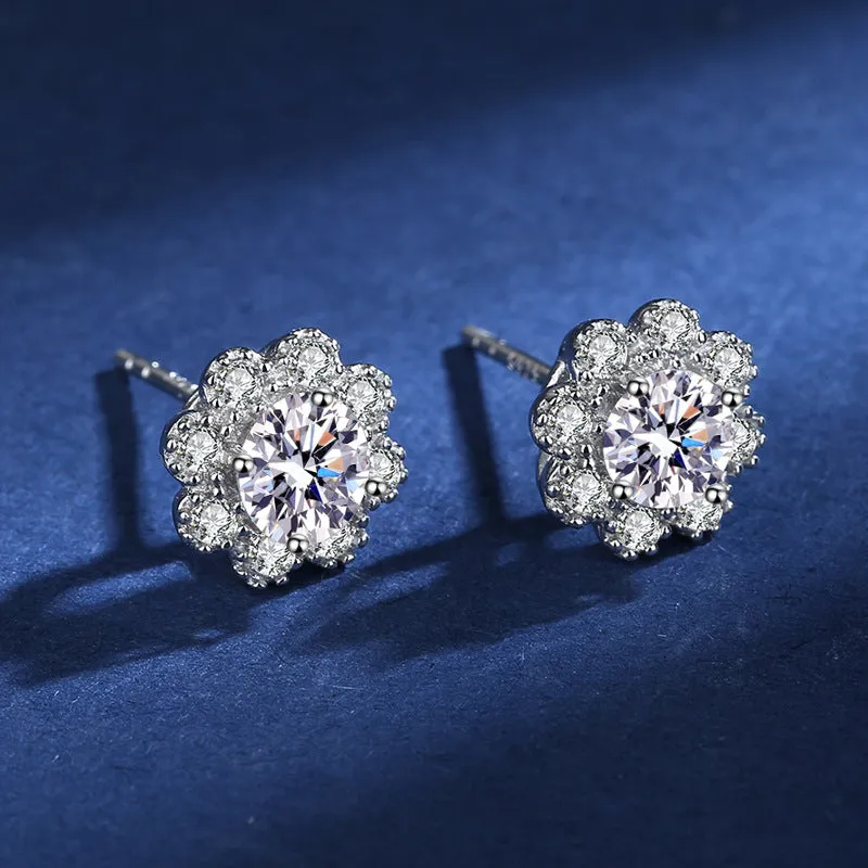 Floral Round Moissanite Stud Earrings for Women