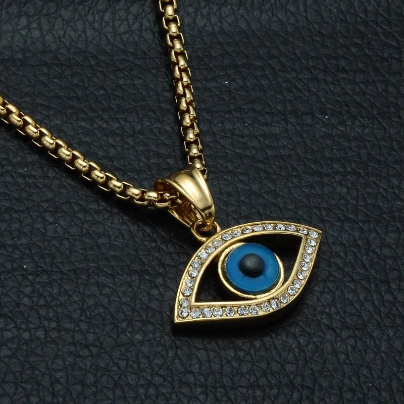 Gemstone-Studded Evil Eye Stainless Steel Hip-hop Pendant Necklace