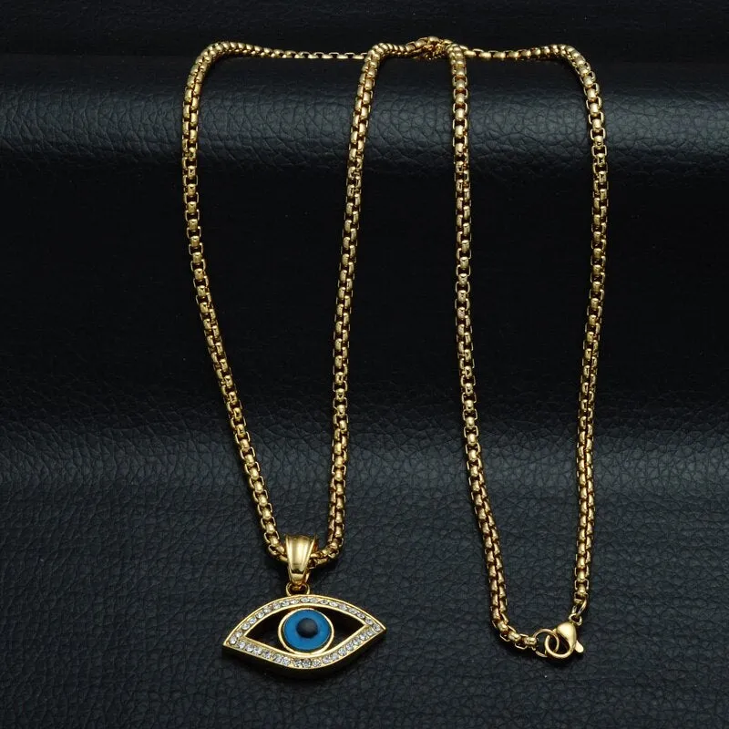 Gemstone-Studded Evil Eye Stainless Steel Hip-hop Pendant Necklace