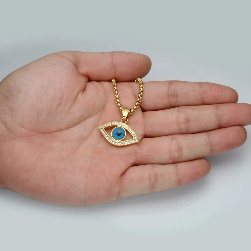 Gemstone-Studded Evil Eye Stainless Steel Hip-hop Pendant Necklace