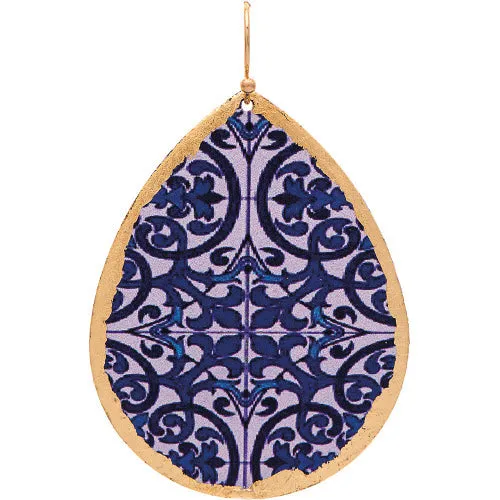 Gold Blue Tile Mosaic Print Teardrop Earring