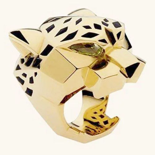 Gold-Tone Leopard Man Woman Cocktail Ring Green Zircon Eyes