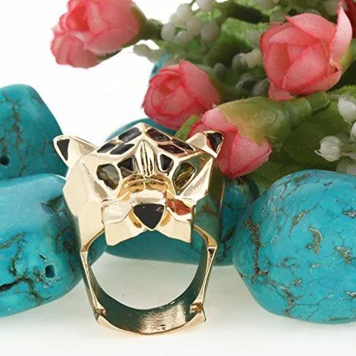 Gold-Tone Leopard Man Woman Cocktail Ring Green Zircon Eyes