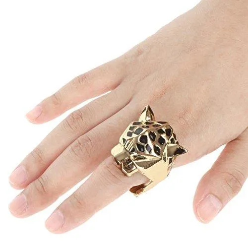 Gold-Tone Leopard Man Woman Cocktail Ring Green Zircon Eyes