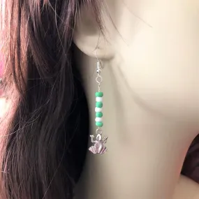 Green and White Beaded Frog Dangle Earrings