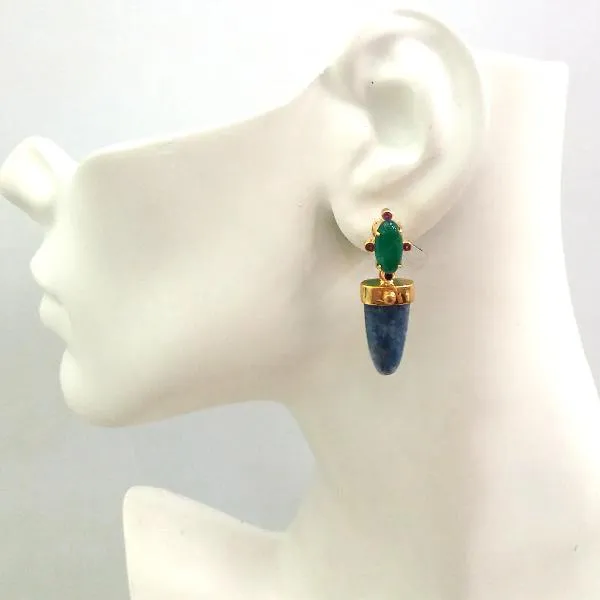 Green Jade and Green Agate Stud with Dumortierite Detachable Twinset Earrings