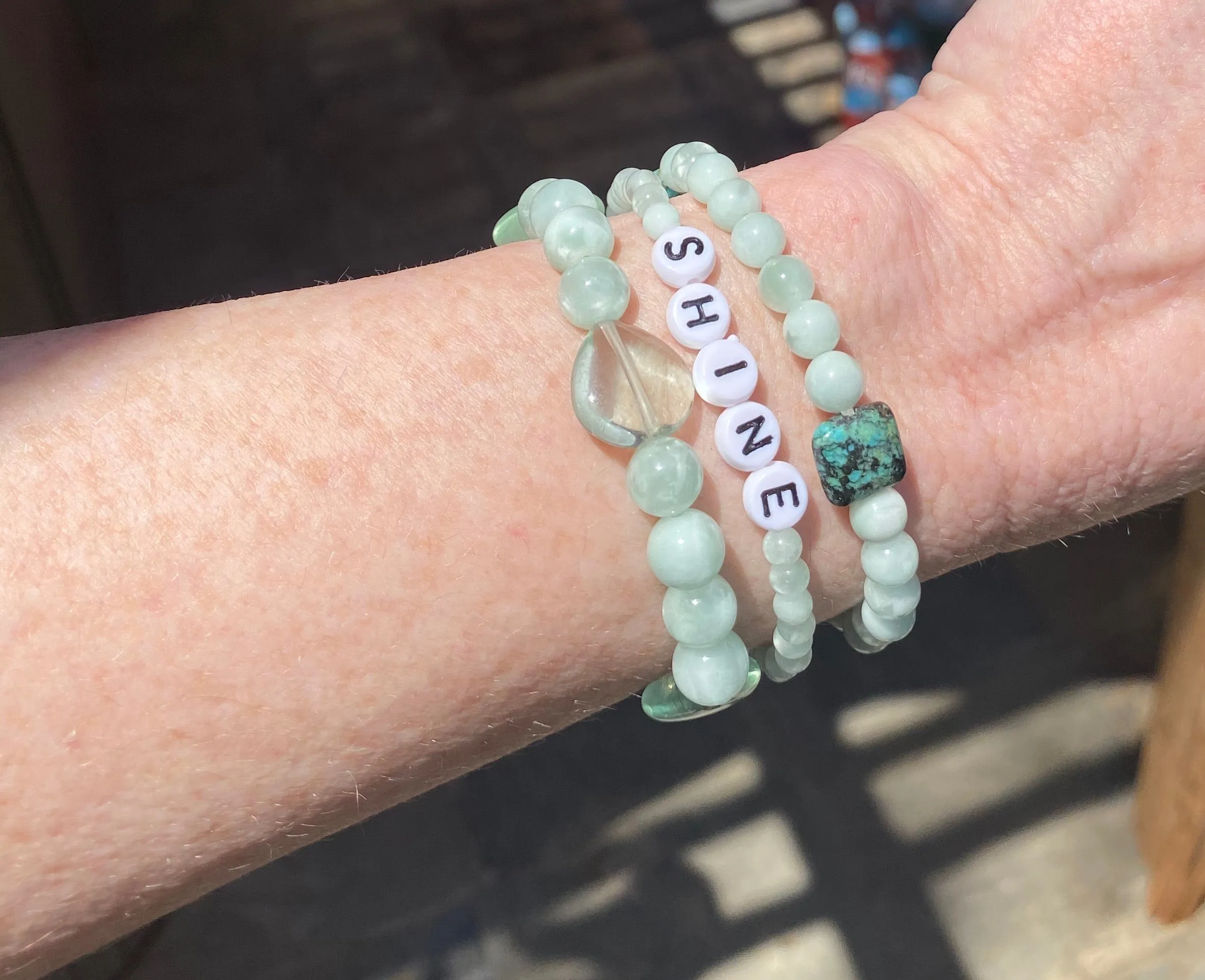 Green moonstones and green opal “shine” stretch bracelet