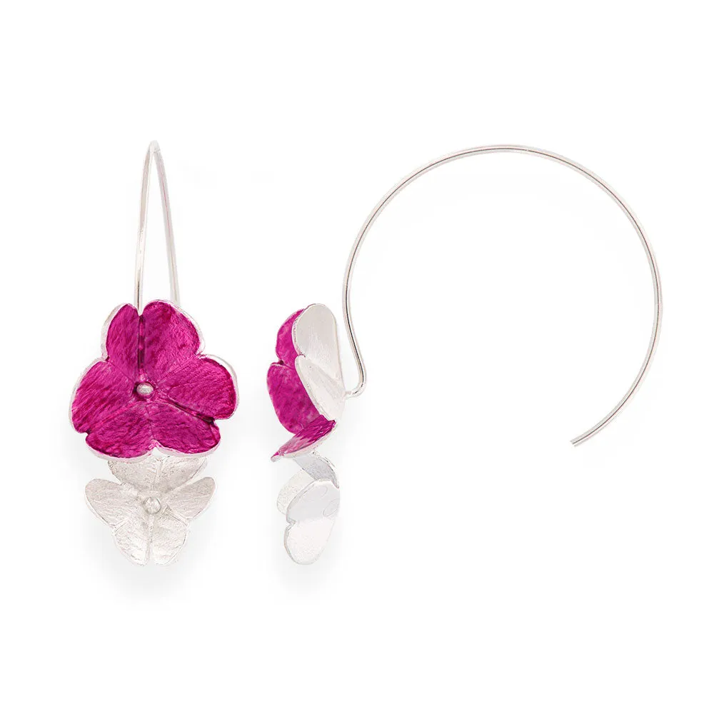 Handmade Silver Fuchsia Double Clover Flower Hoop Earrings