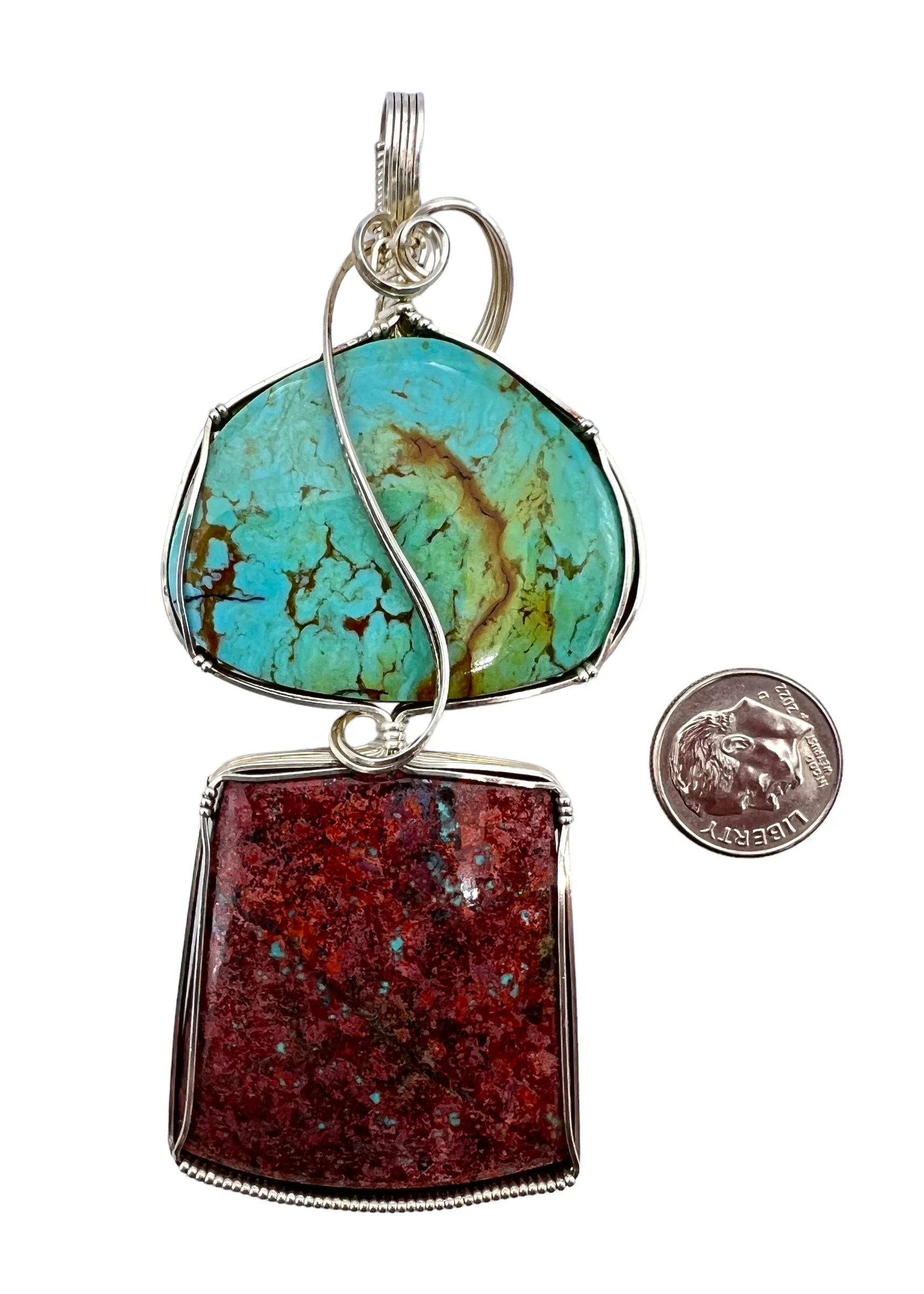 Heidi White Designs Wire Wrapped Pendant Carico Lake Turquoise and Sonora Sunset in Sterling Silver