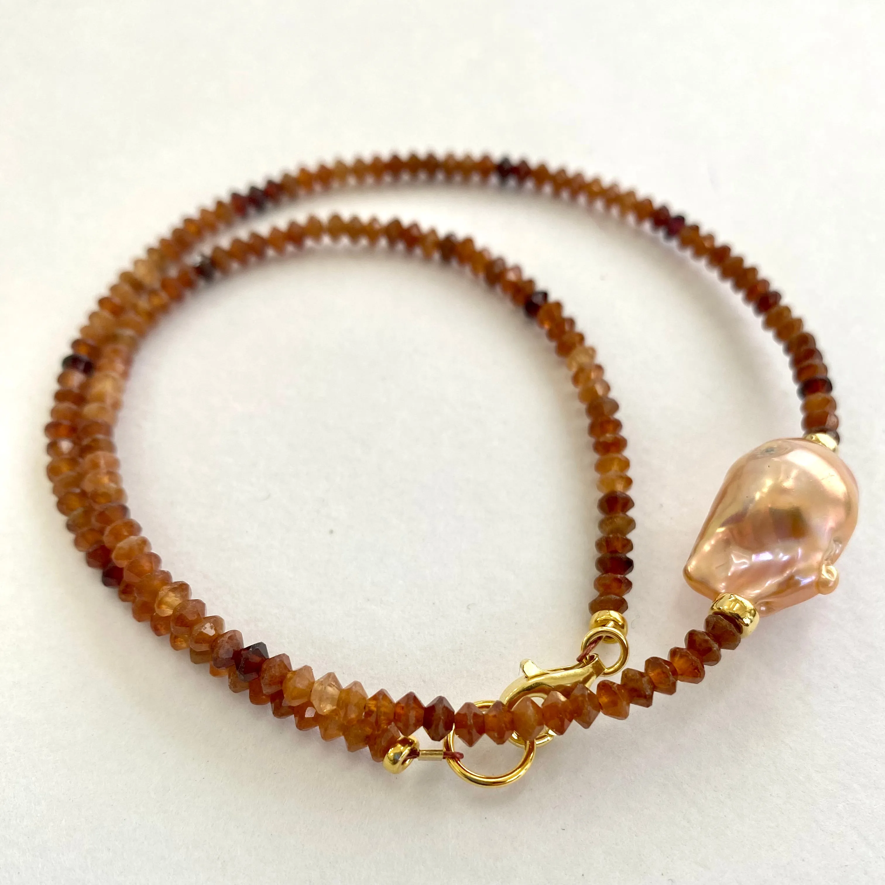 Hessonite Garnet Beaded Necklace with Golden Pink Baroque Pearl in Middle. Gold Vermeil, 17inches,