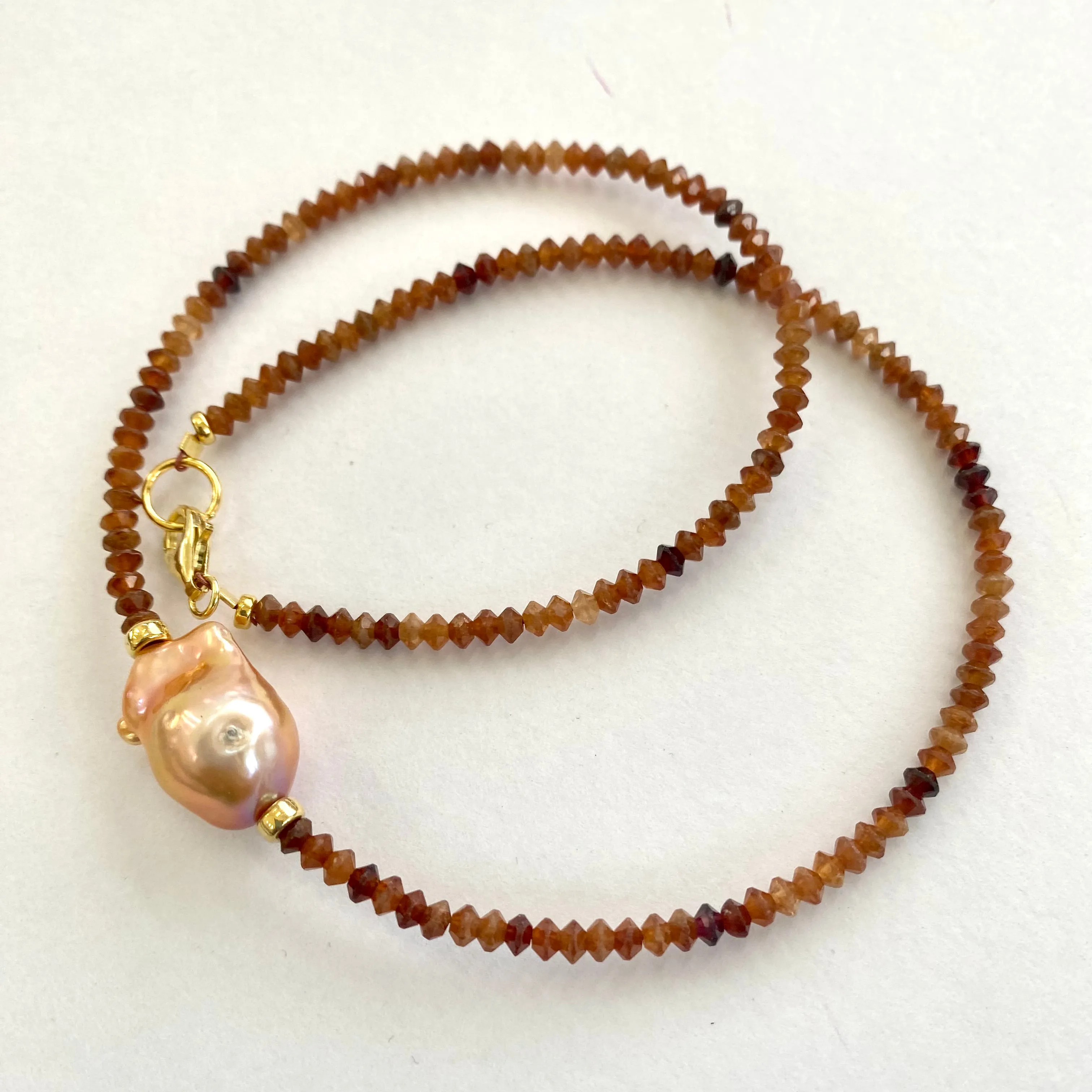 Hessonite Garnet Beaded Necklace with Golden Pink Baroque Pearl in Middle. Gold Vermeil, 17inches,