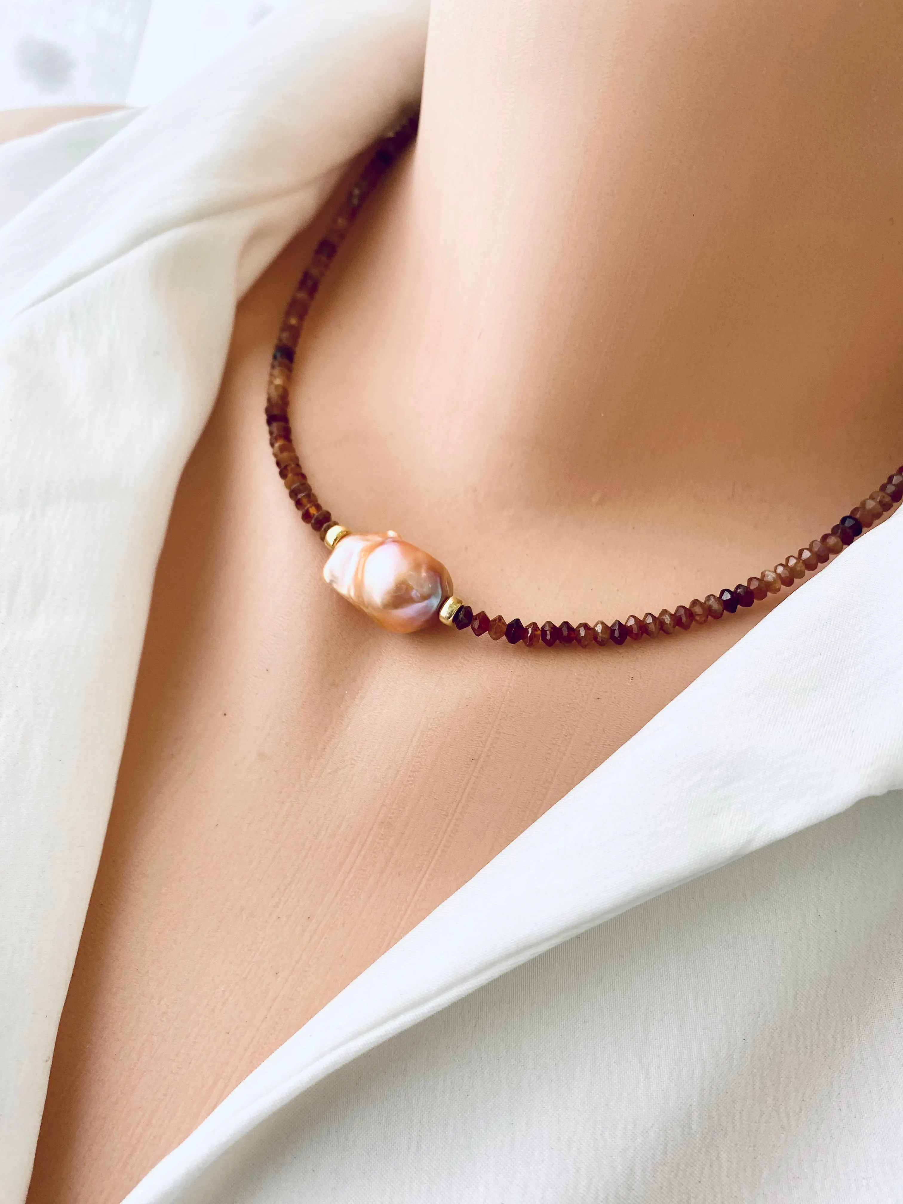 Hessonite Garnet Beaded Necklace with Golden Pink Baroque Pearl in Middle. Gold Vermeil, 17inches,