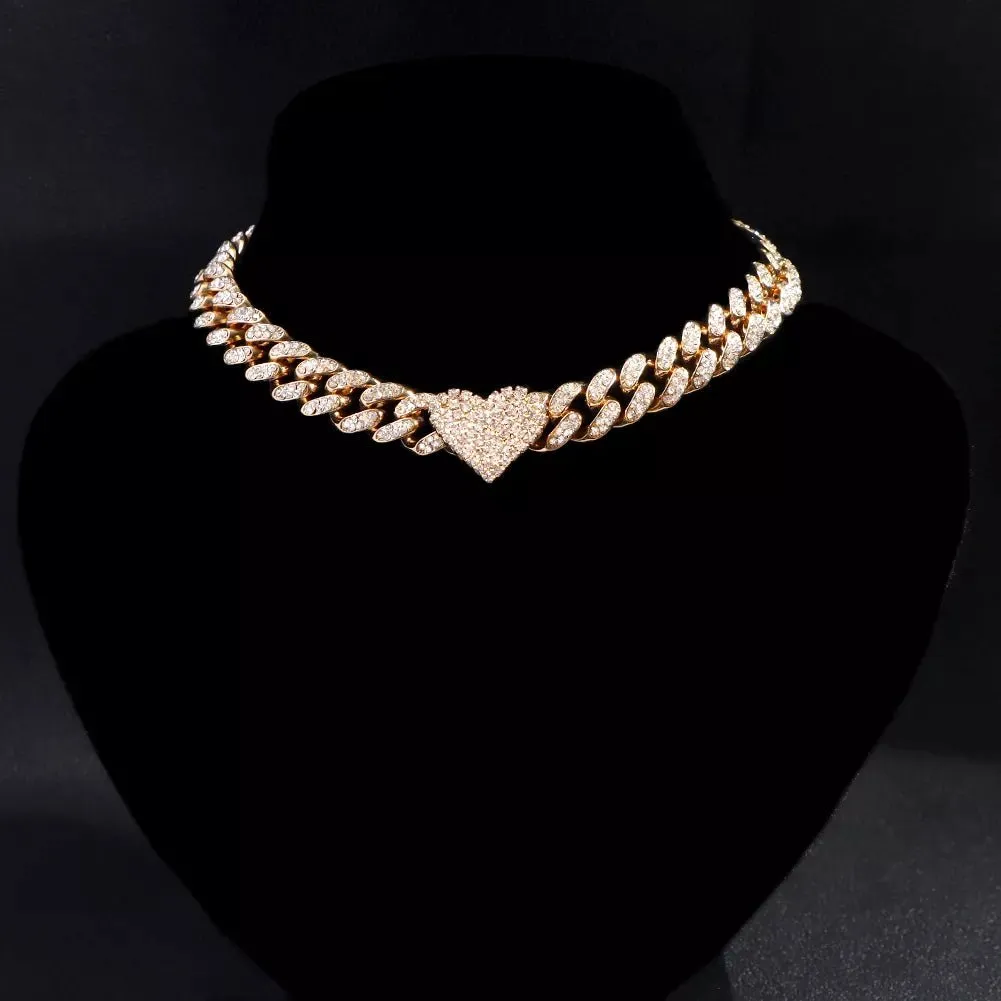 Iced Out Heart-Shaped Curb Cuban Chain Necklace - Rhinestone Choker