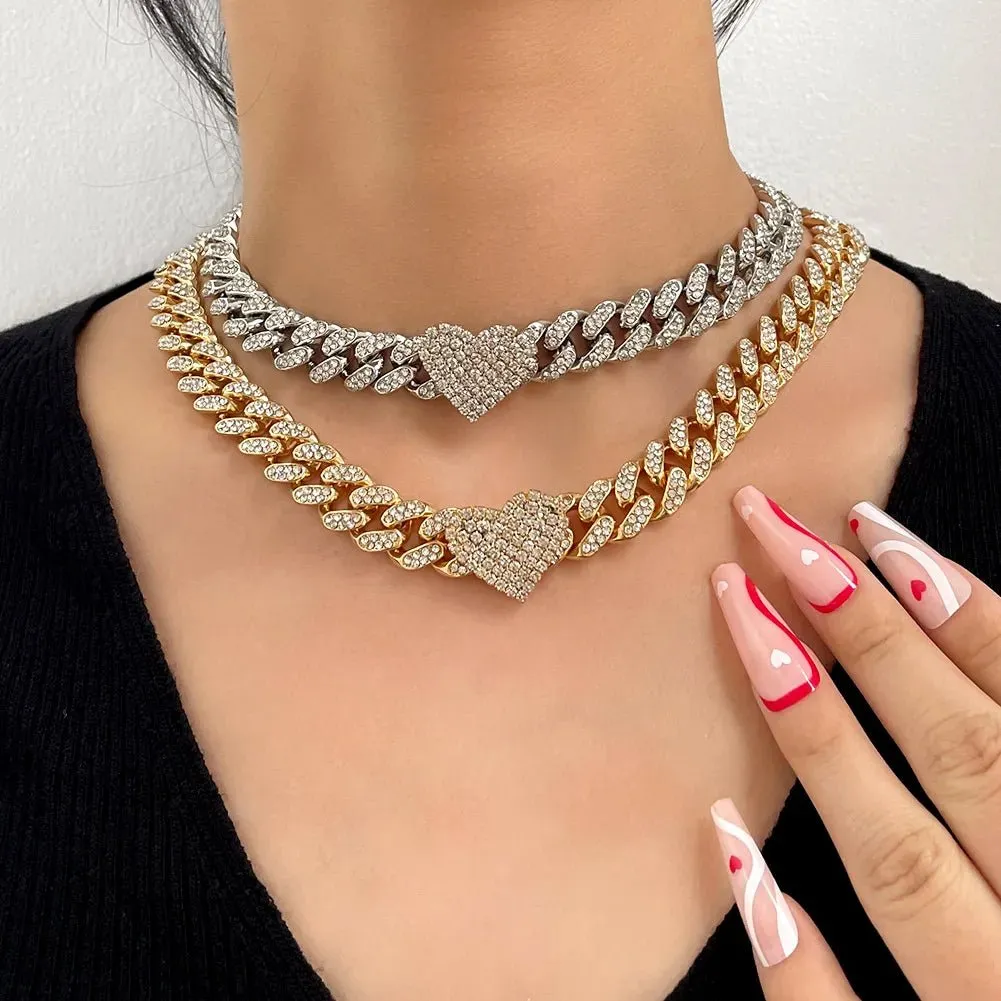 Iced Out Heart-Shaped Curb Cuban Chain Necklace - Rhinestone Choker