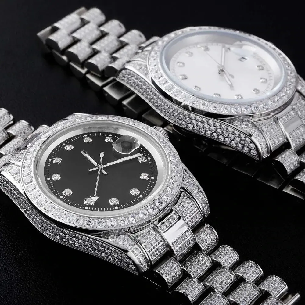 Iced Presidential Watch w/ Black Dial in White Gold