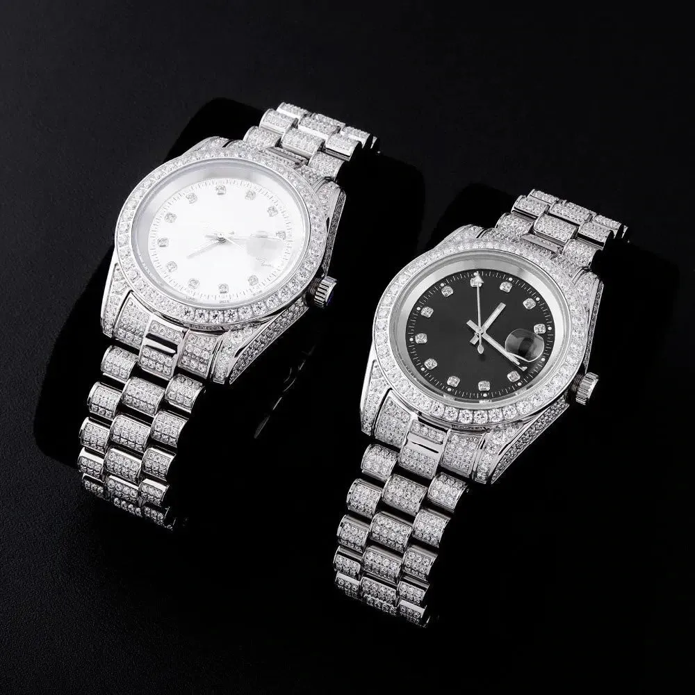 Iced Presidential Watch w/ Black Dial in White Gold