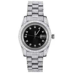 Iced Presidential Watch w/ Black Dial in White Gold