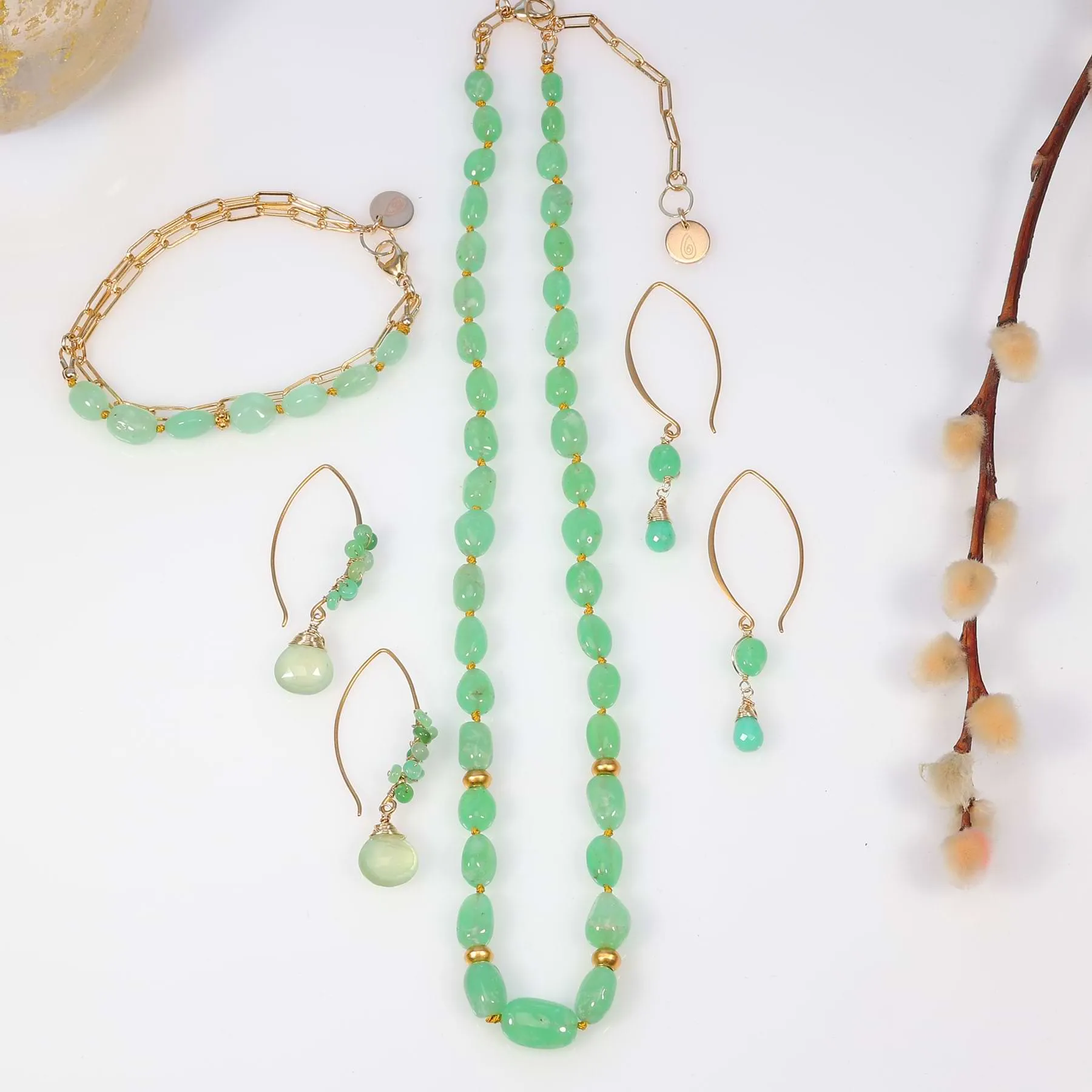 Kilauea - Prehnite and Chrysoprase Gold Drop Earrings