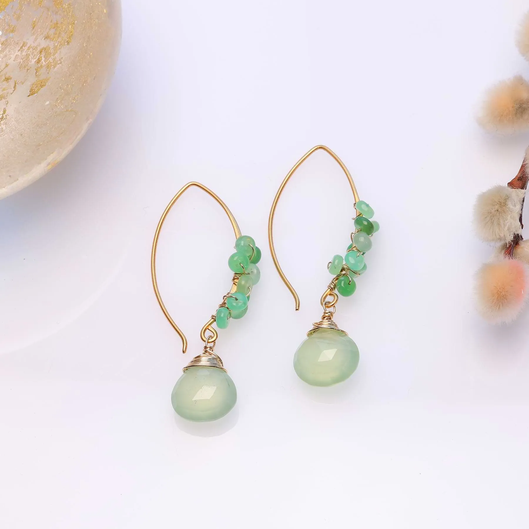 Kilauea - Prehnite and Chrysoprase Gold Drop Earrings