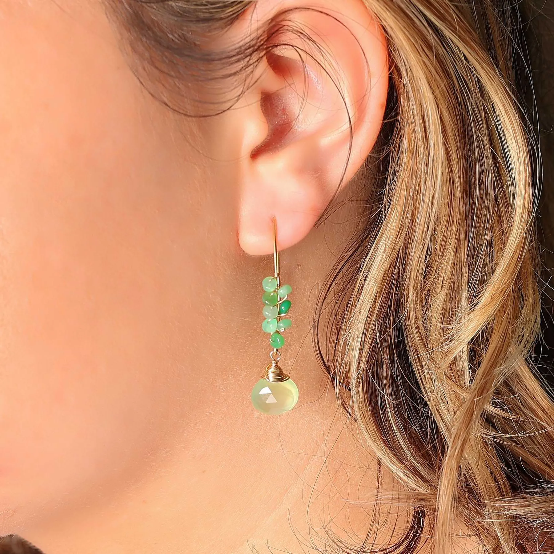 Kilauea - Prehnite and Chrysoprase Gold Drop Earrings