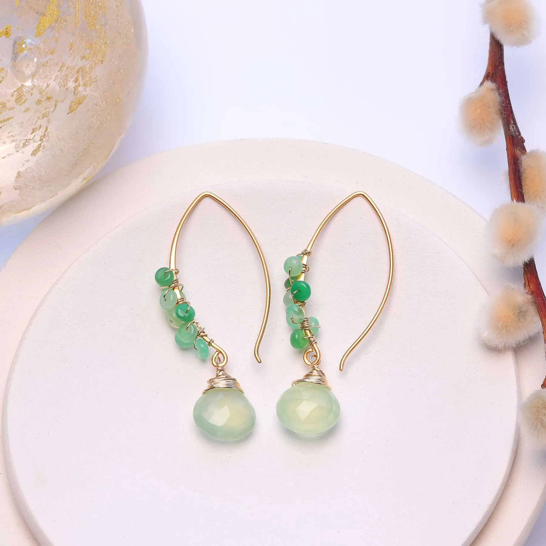 Kilauea - Prehnite and Chrysoprase Gold Drop Earrings