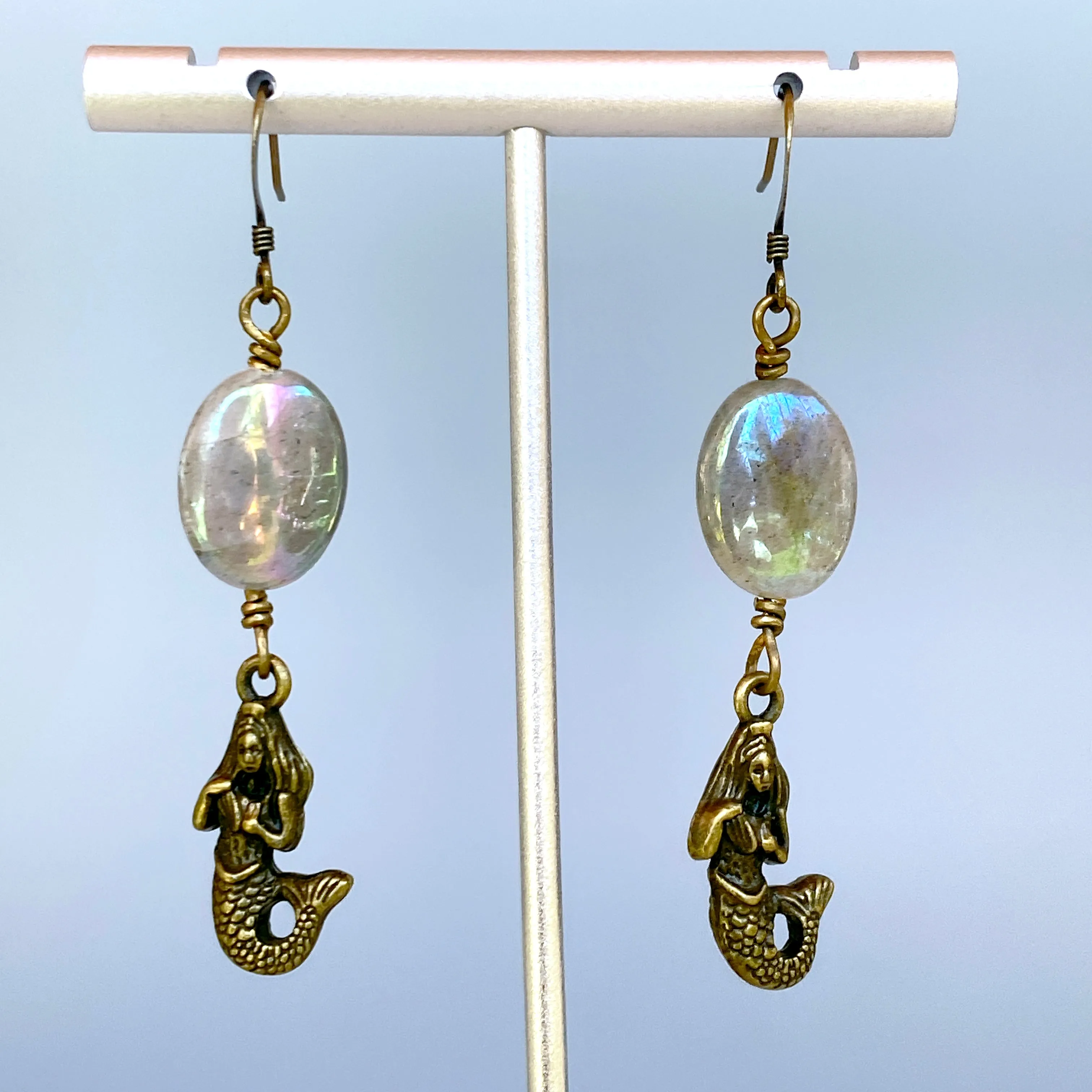 Mermaid and Aura coated labradorite gemstone dangle earrings