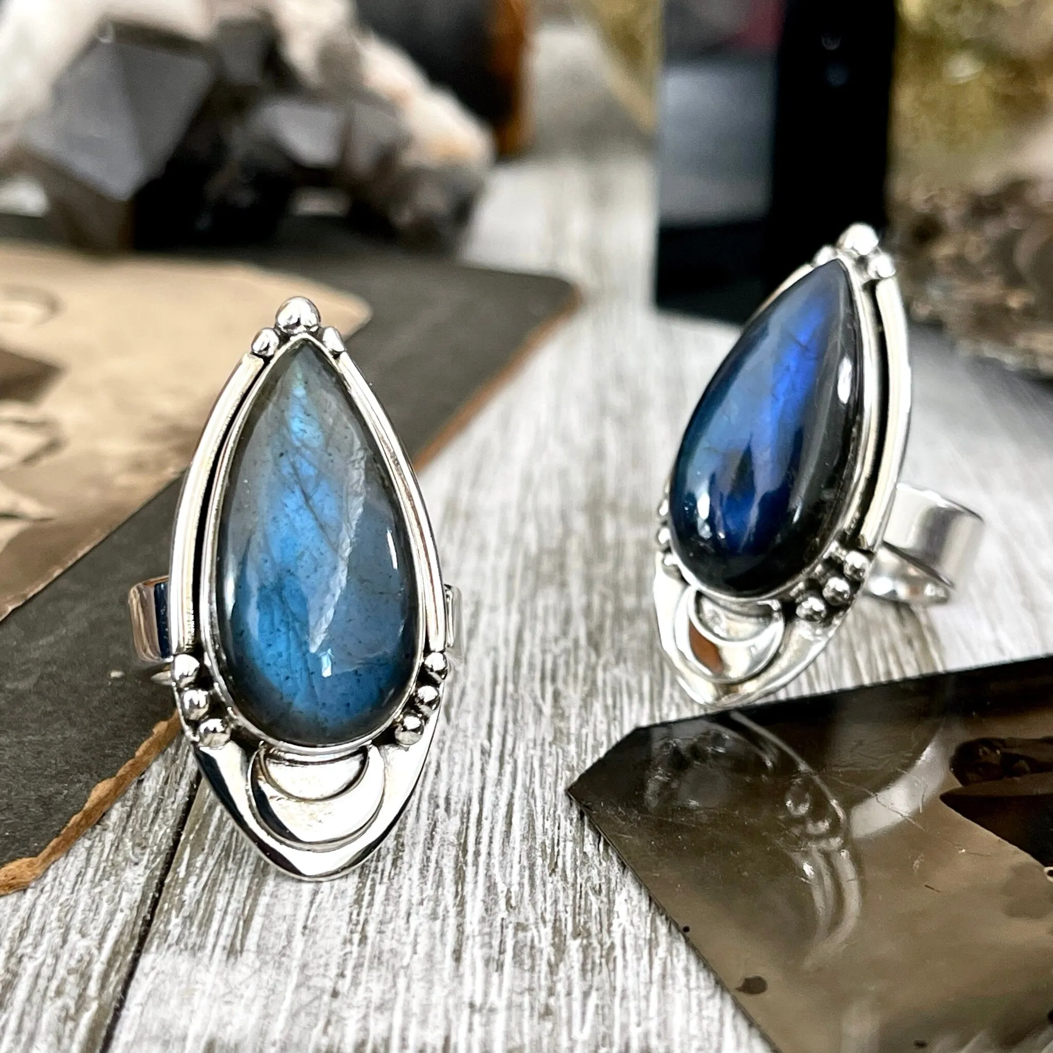 Midnight Moon Labradorite Crystal Ring in Sterling Silver / Designed by FOXLARK - Adjustable to Size 6 7 8 9