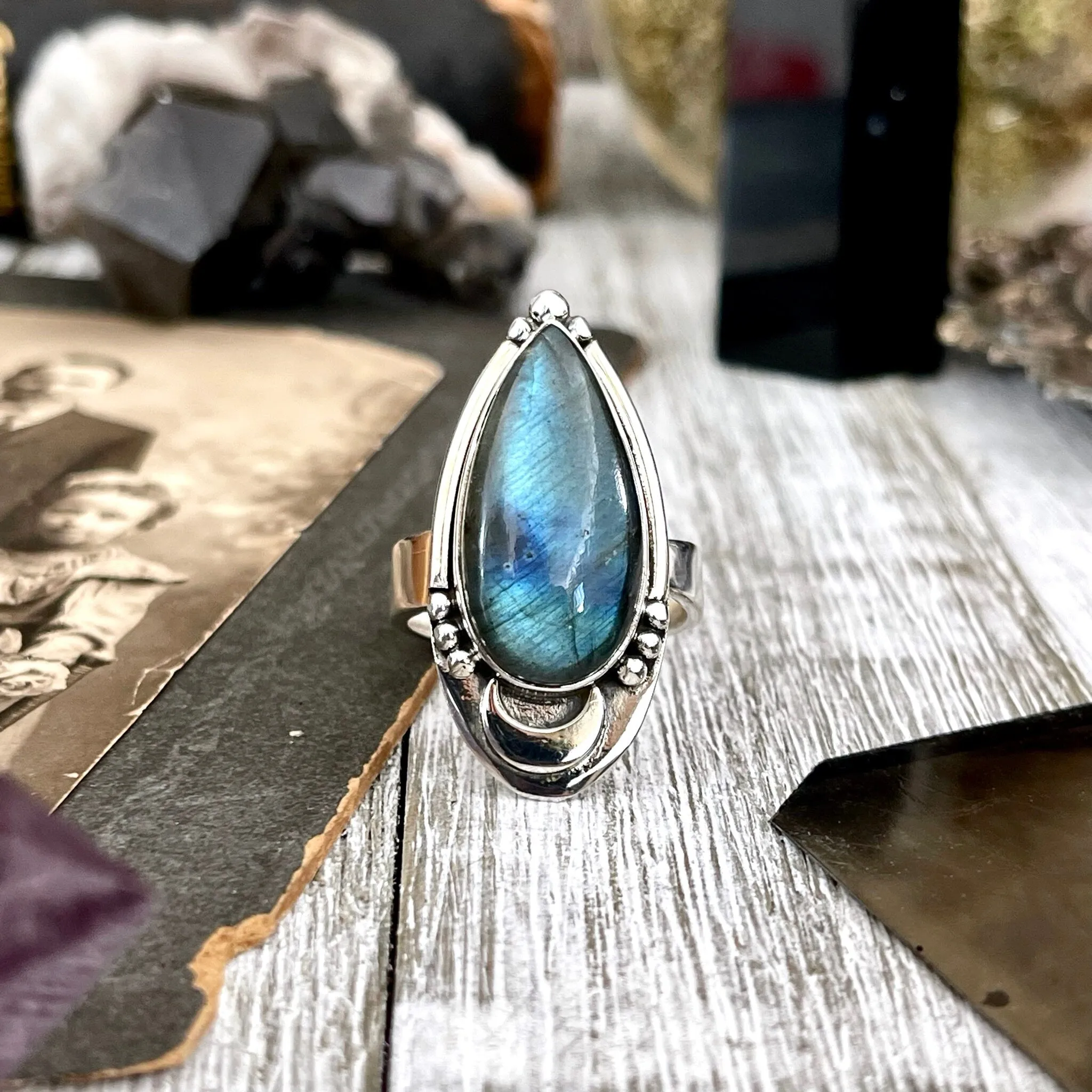 Midnight Moon Labradorite Crystal Ring in Sterling Silver / Designed by FOXLARK - Adjustable to Size 6 7 8 9