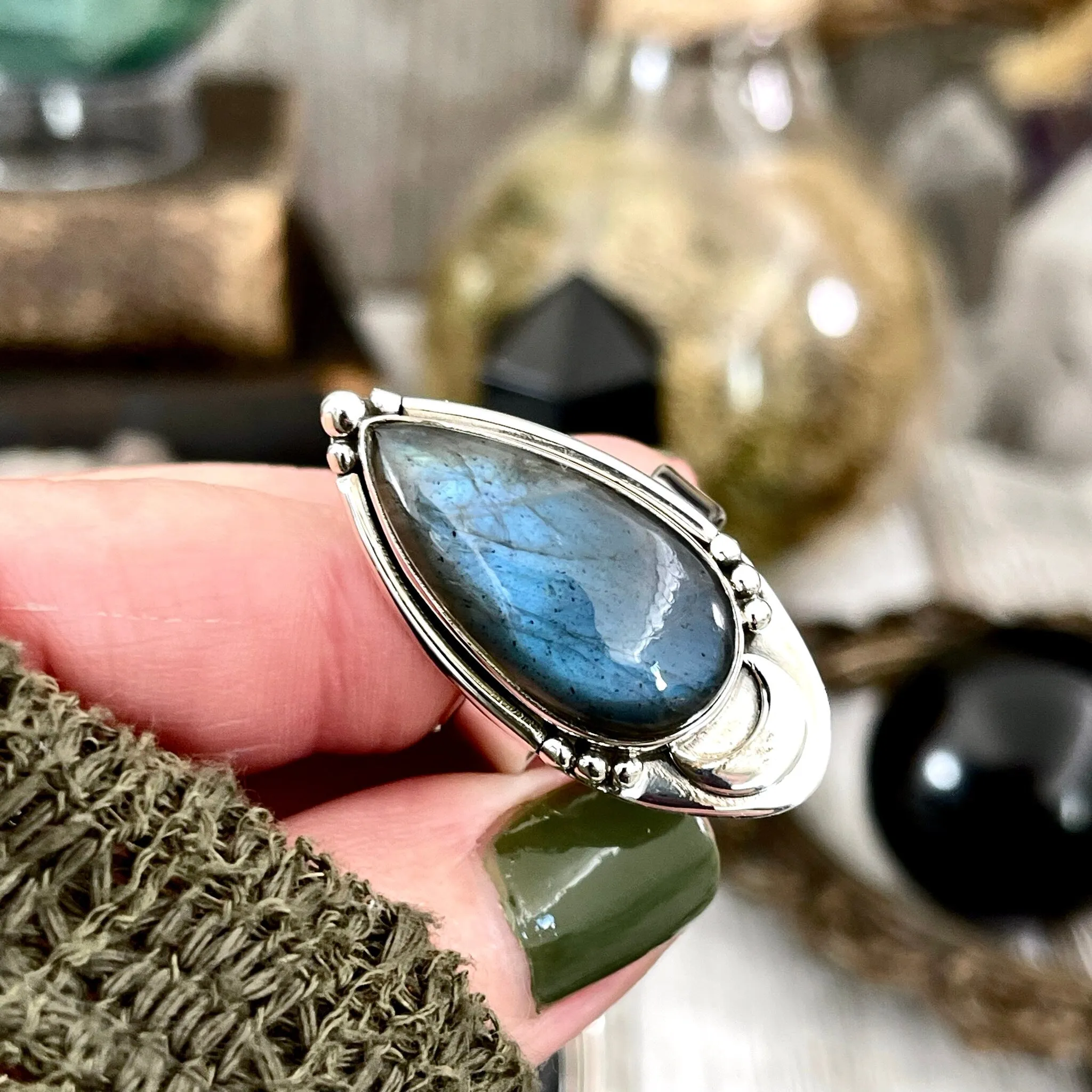 Midnight Moon Labradorite Crystal Ring in Sterling Silver / Designed by FOXLARK - Adjustable to Size 6 7 8 9