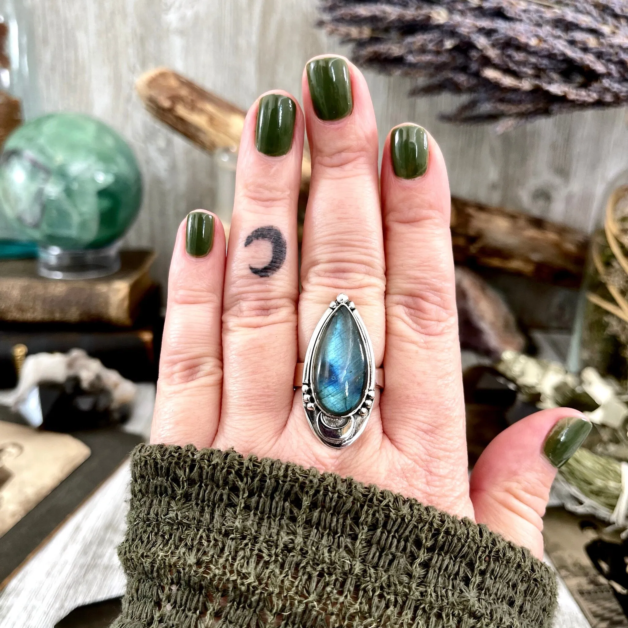 Midnight Moon Labradorite Crystal Ring in Sterling Silver / Designed by FOXLARK - Adjustable to Size 6 7 8 9