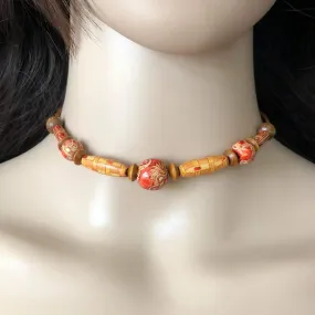 Natural Wood Brown, Beige, and Red Beaded Choker