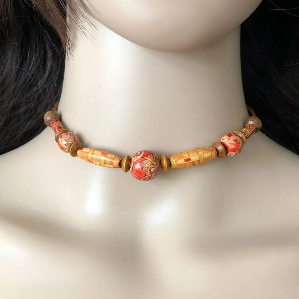 Natural Wood Brown, Beige, and Red Beaded Choker