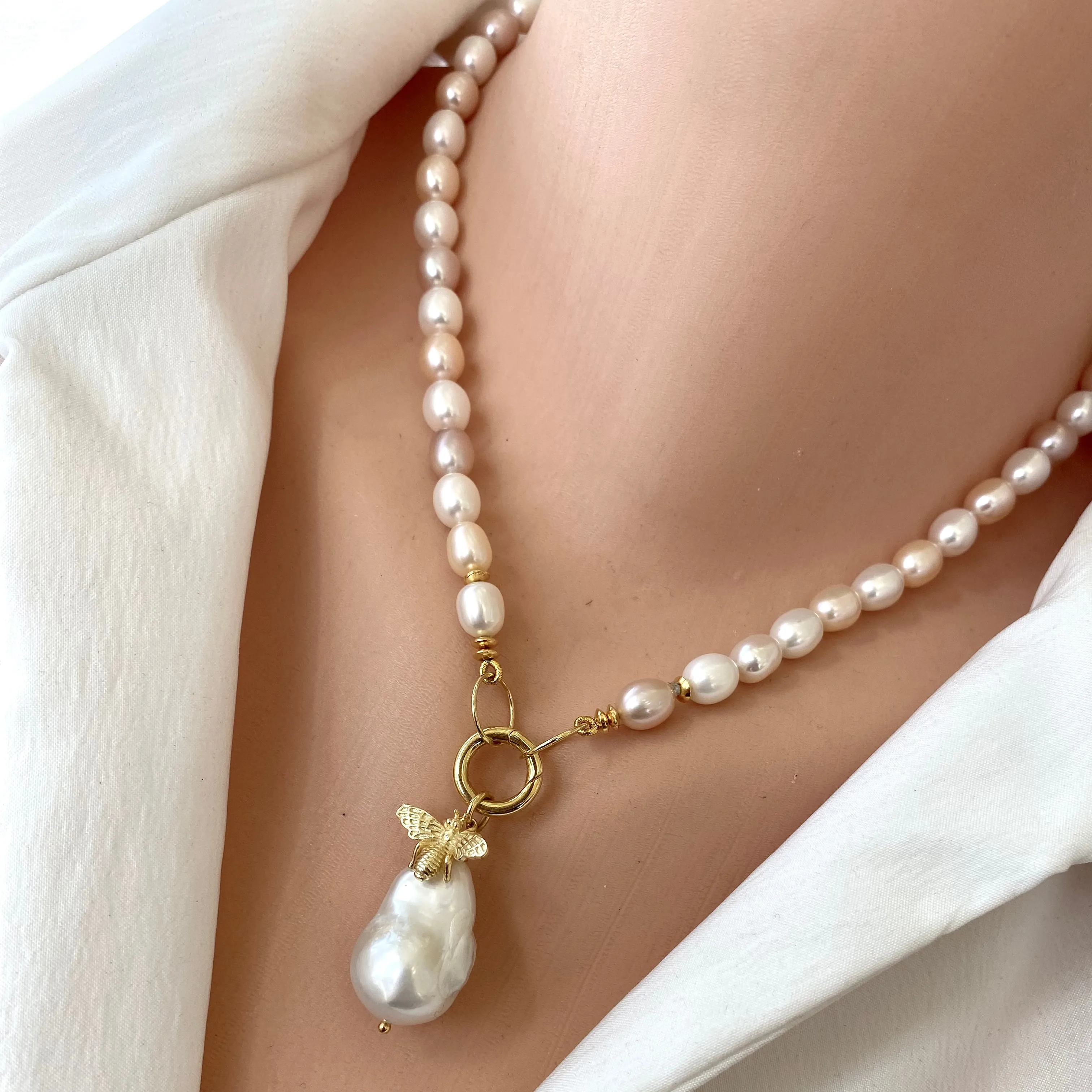 Pastel Pearl Necklace, Gold Vermeil Details, Removable Bee Charm & Baroque Pearl Pendant, 17.5in