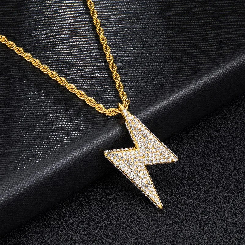 Paved Rhinestone-Studded Lightning Bling Stainless Steel Hip-hop Pendant Necklace