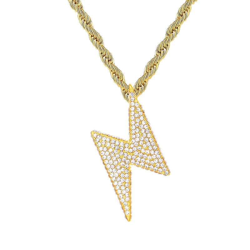 Paved Rhinestone-Studded Lightning Bling Stainless Steel Hip-hop Pendant Necklace