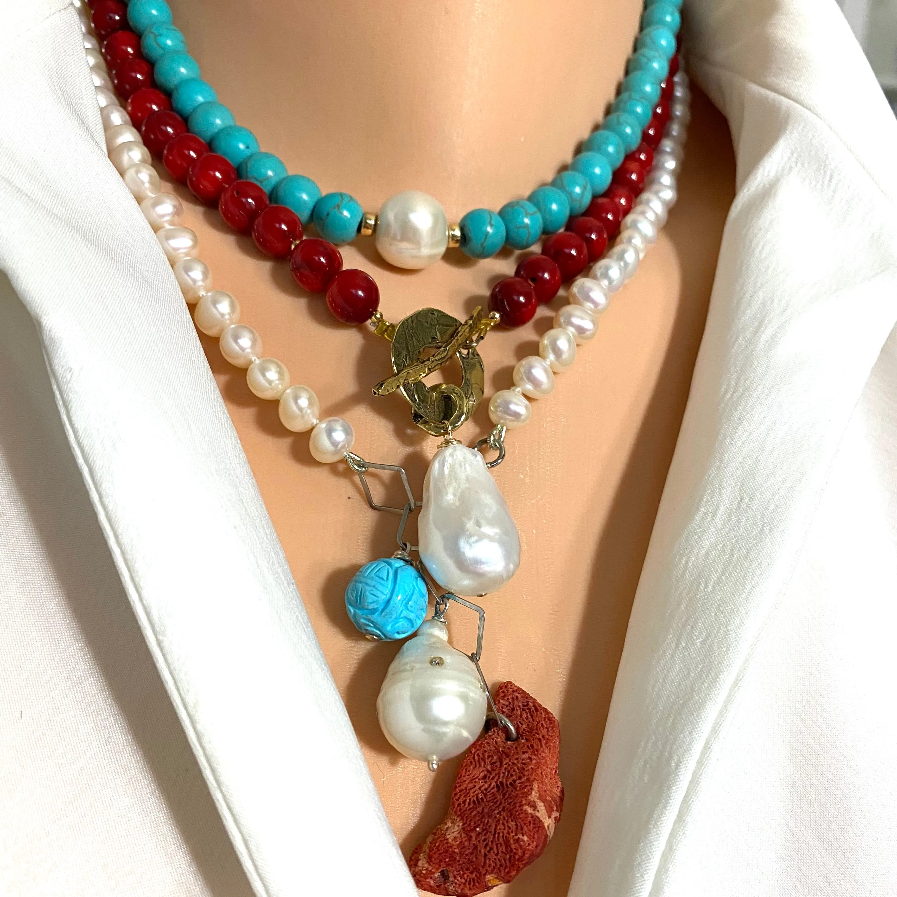 Pearl Necklace with Studded Baroque Pearl, Sponge Red Coral and Turquoise Charms