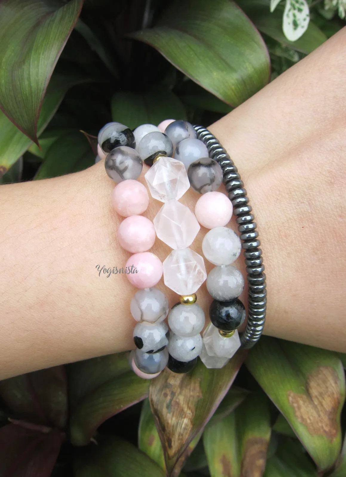 Pink Opal, Black White Tourmaline Mala Bracelet - October Birthstone