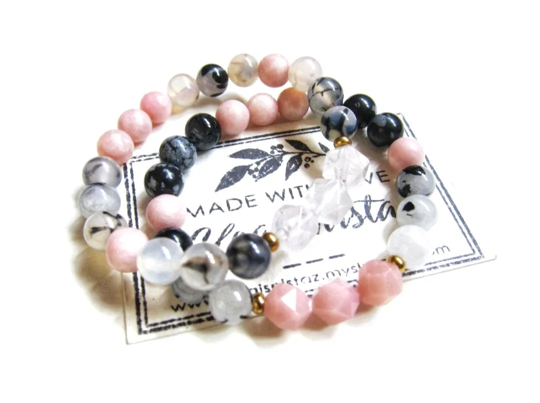 Pink Opal, Black White Tourmaline Mala Bracelet - October Birthstone